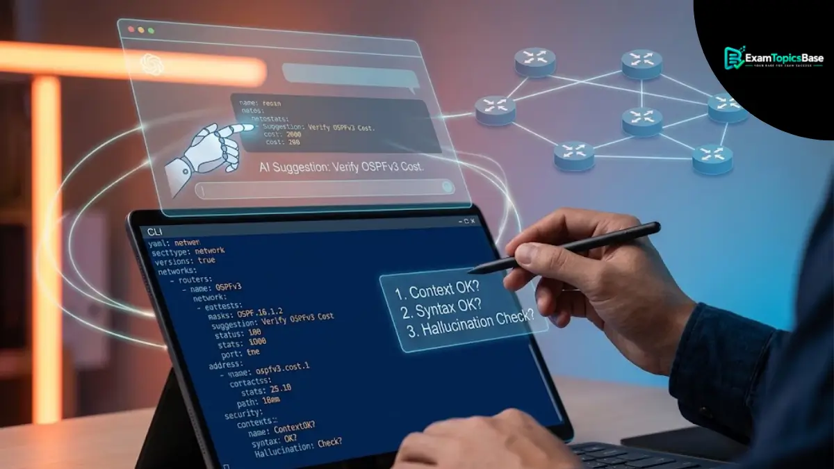 This image visually represents the CCNA candidate's new role: using a terminal to review and verify a config snippet suggested by an AI assistant (using promptengineering context). This image visually represents the CCNA candidate's new role: using a terminal to review and verify a config snippet suggested by an AI assistant (using promptengineering context).