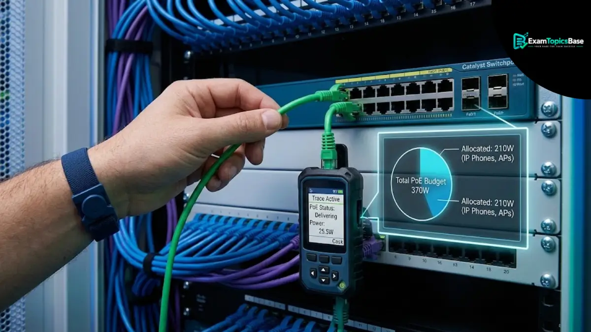 This visual addresses the new requirement for practical physical layer management, showing an engineer physically tracing a cable and calculating a PoE power budget. This visual addresses the new requirement for practical physical layer management, showing an engineer physically tracing a cable and calculating a PoE power budget.
